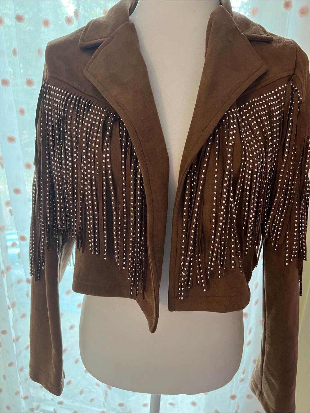 Cropped Brown Suede Fringe Jacket with Studded Accents